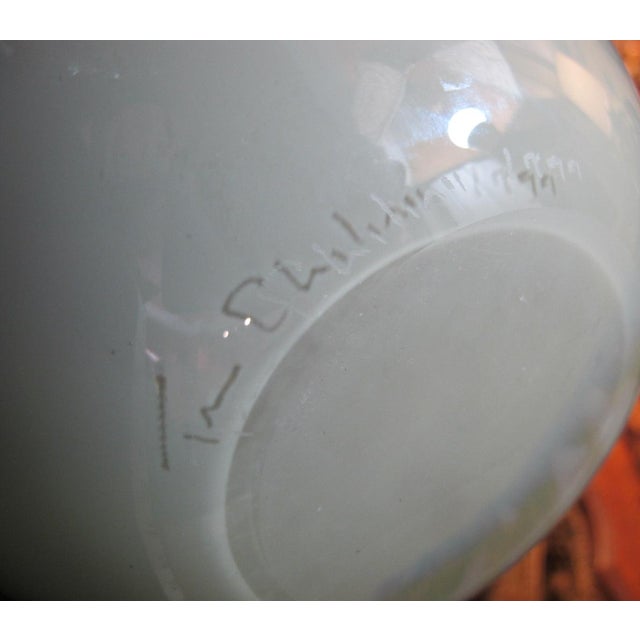 Tim Chilina Oregon Hand Blown Mottled Blue Green Ruffled Studio Art Glass Vase For Sale - Image 11 of 11