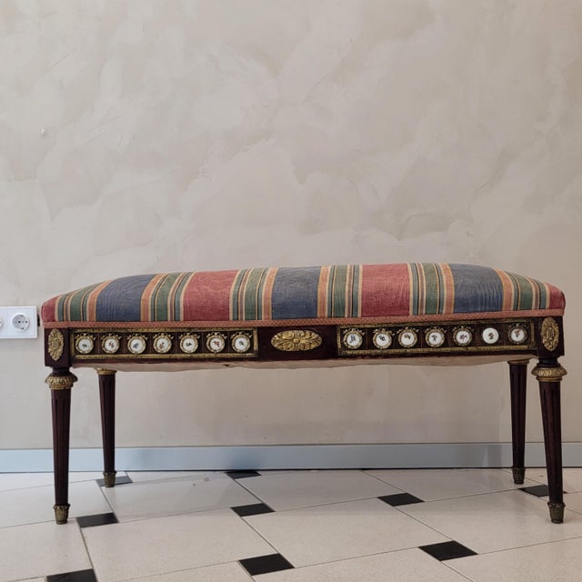 Louis XVI Style Dressing Bench in Beech, Bronze and Porcelain, France, 1850 For Sale - Image 9 of 18
