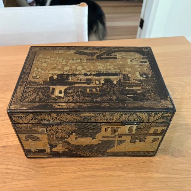 Antique Chinese Black Lacquered Tea Caddy For Sale - Image 9 of 11