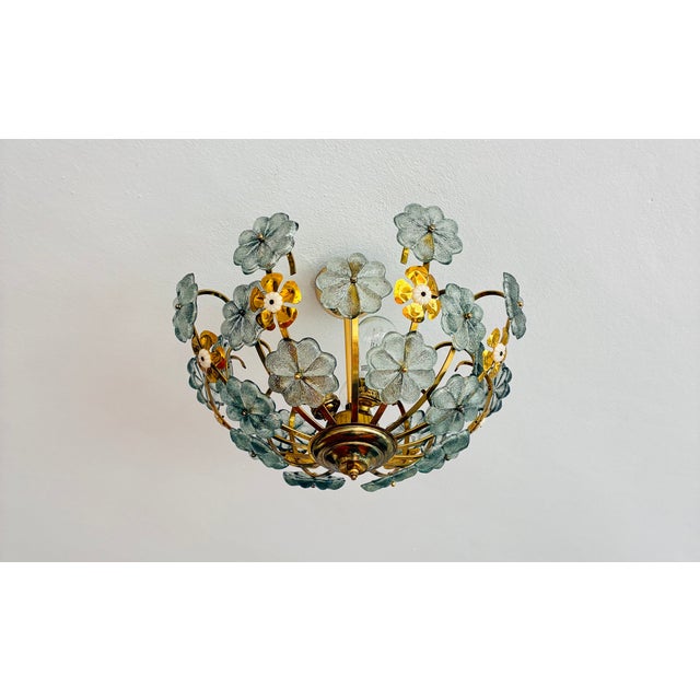 Vintage Italian Hand-Painted Sage Green Glass & Brass Floral Flush Mount Chandelier For Sale - Image 11 of 18