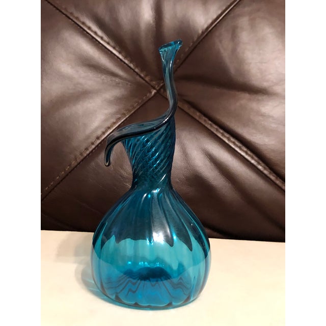Mid-Century Modern Vintage Mid-Century Teal Blue Optic Swirl Jack-in-the-Pulpit Art Glass For Sale - Image 3 of 4