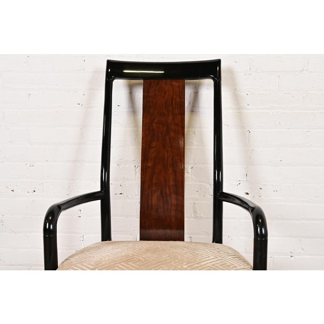 1970s Drexel Heritage Mid-Century Modern Hollywood Regency Black Lacquer and Walnut High Back Armchairs, Pair For Sale - Image 5 of 12