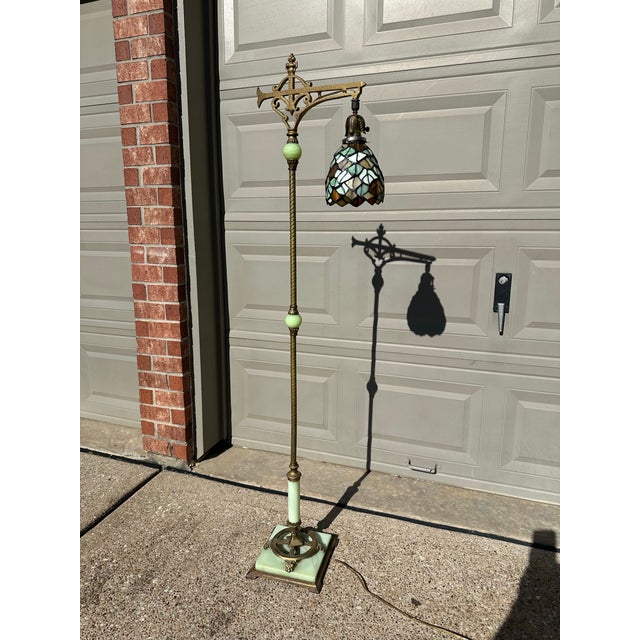 Art Deco 1920s Antique Art Deco Uranium Glass Jadeite Floor Lamp With Stained Glass Shade For Sale - Image 3 of 9