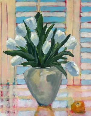 “Sunlit Stillness” Original, Contemporary Still Life, Floral Acrylic Painting by Linda McDonough