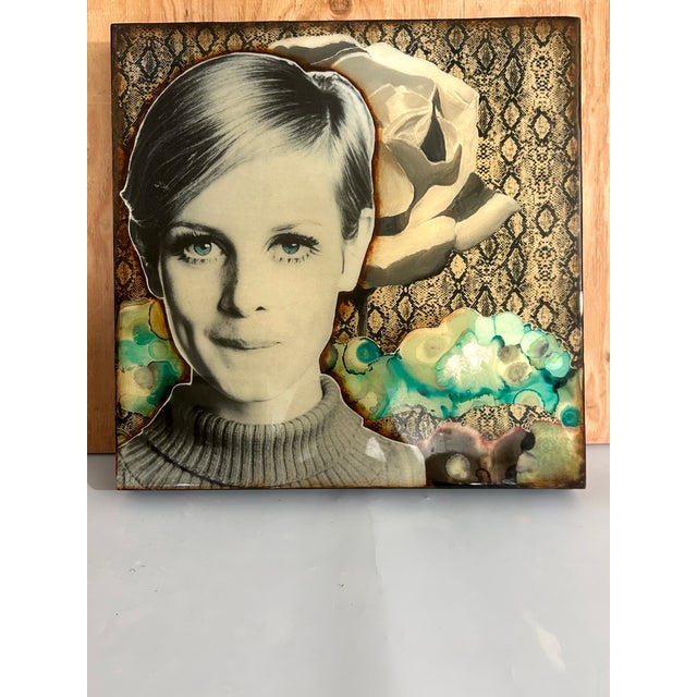 Contemporary mixed media portrait of Twiggy by Seattle artist Laura Van Horne. Executed in acrylic and mixed media on...