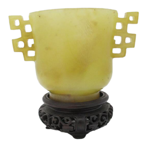 Chinese Archaistic Yellow Jade Twin Handled Libation Cup With Carved Wood Stand
