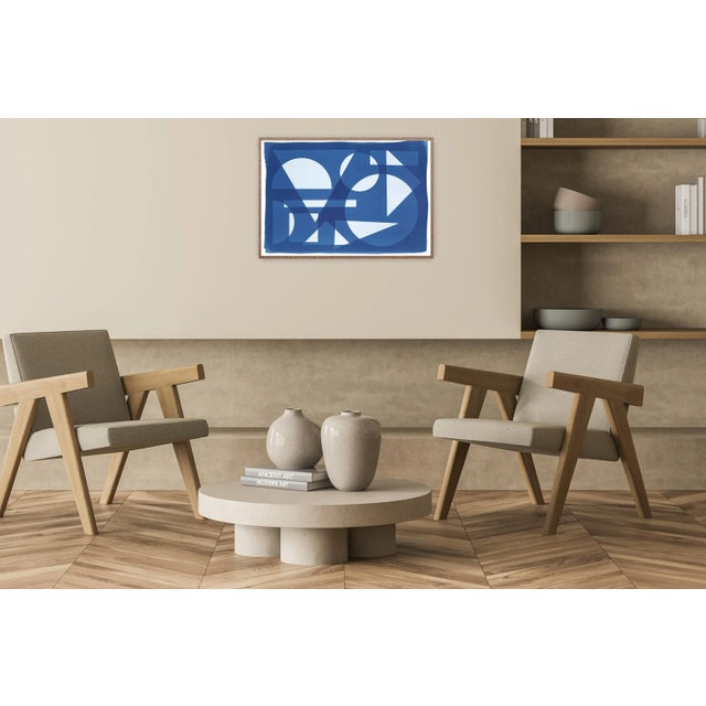 Blue 2022, Space Age Style Monotype " Futurist Transparent Shapes", Handmade Unique Cyanotype on Watercolor Paper For Sale - Image 8 of 9