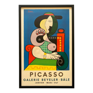Pablo Picasso Vintage 1967 Mid Century Modern Mourlot Fine Art Lithograph Print Framed Cubist Exhibition Poster " Femme a La Montre " 1932