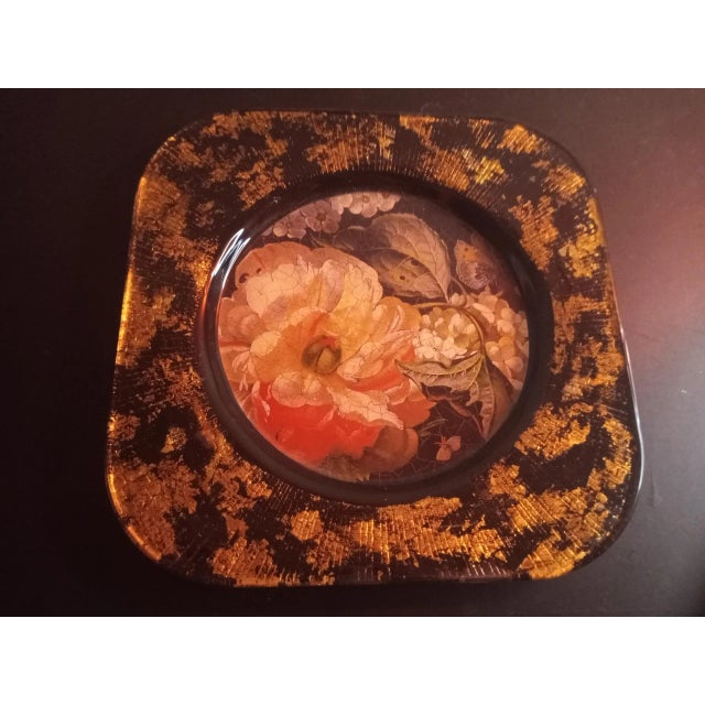 Contemporary Vintage Signed Lesley Roy Gold Aventurine Floral Plate For Sale - Image 3 of 7