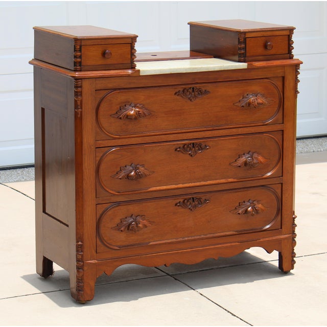Exceptional 19th Century Renaissance Revival Walnut & Marble Drop-Center Dresser Bring the grandeur of the Victorian era...