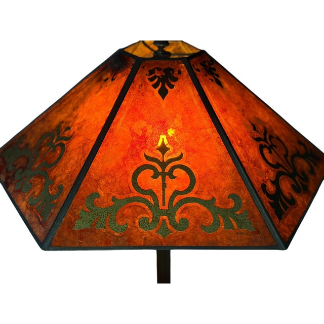 Miller Lamp Company Antique 1910s Edward Miller Table Lamp With Original Copper Finish, 1920s Orange and Gold Mica Shade With Rewired Pullchain Socket For Sale - Image 4 of 18