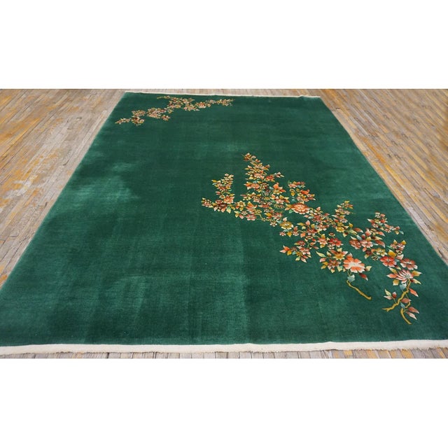 Antique Green Field Chinese Room Size Knotted Wool 1930s Rectangle Art Deco Rug For Sale In New York - Image 6 of 10