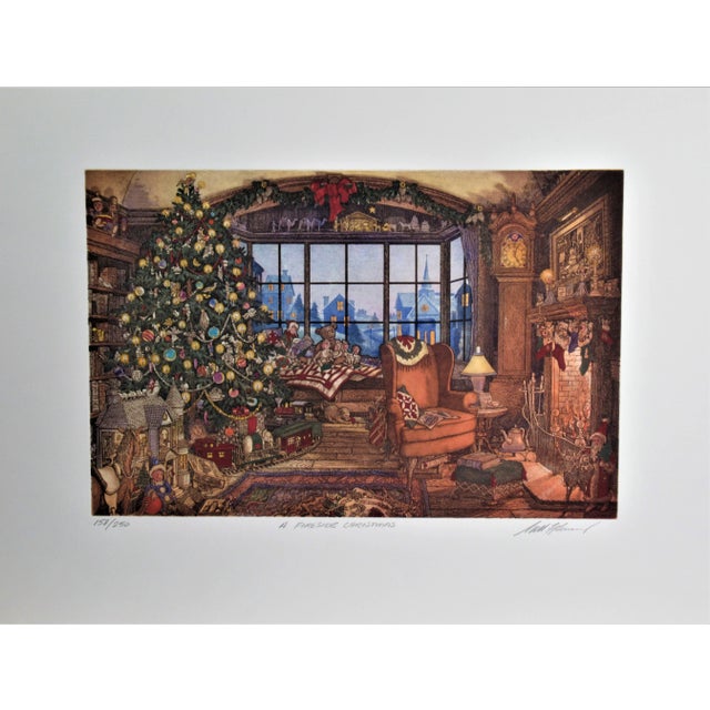 This artwork titled "Fireside Christmas" c. 1985 is an original color etching by American artist Scott Fitzgerald. It is...
