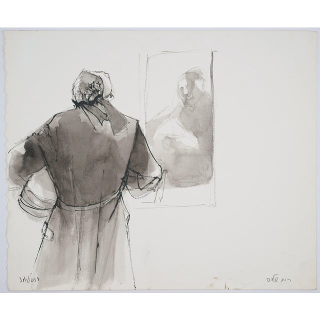 Ruth Schloss, Old Man in Front of a Mirror, 1990, Mixed Media Drawing on Paper For Sale - Image 4 of 5