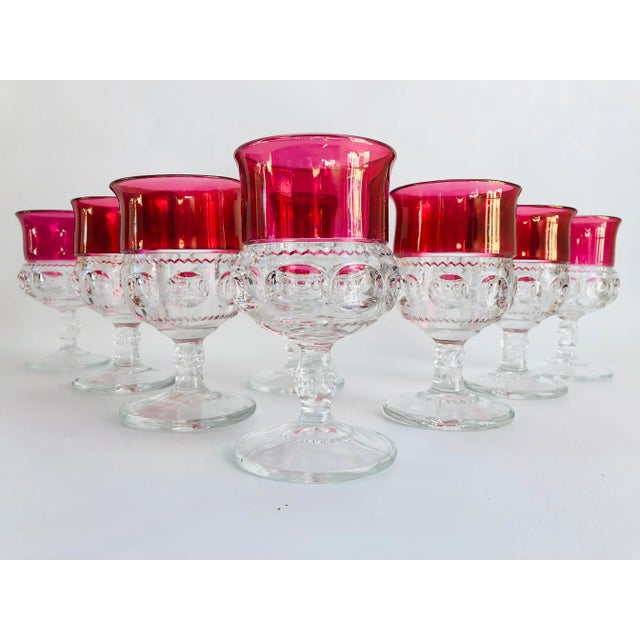 American Tiffan-Franciscan Kings Crown Pink Cranberry Faceted Flashed Wine Glasses & Plate Set - Set of 16 For Sale - Image 3 of 13