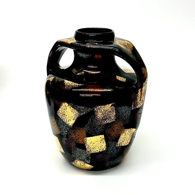 Black and gold detailed vases, group of 3. A beautiful set of 1980s ceramic and glass vases in a variety of gold and black...