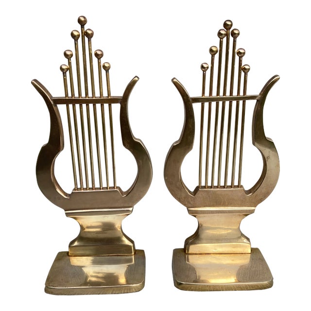 Vintage Brass Musical Harp Bookends a Pair For Sale