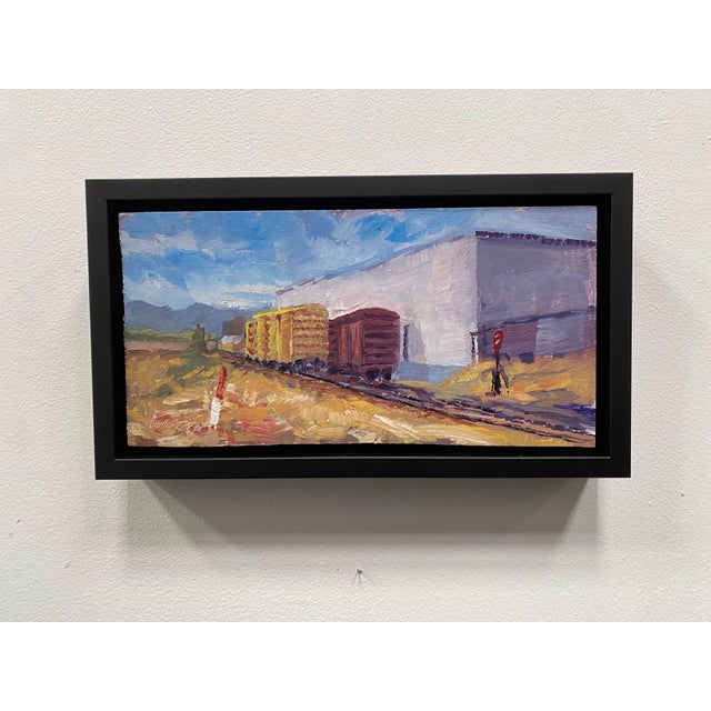 Contemporary Trackside 2 by Delton Demarest | Oil on Board Painting of train cars near a building For Sale - Image 3 of 5