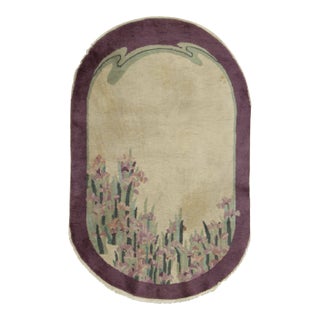 Antique Chinese Art Deco Oval Rug With Rising Irises and Lilac Border For Sale