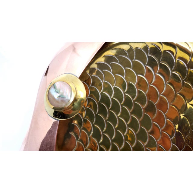 Brass Bowl Brass Copper & Abalone Shell Fish Wall Sculpture 1960s Signed For Sale - Image 8 of 11