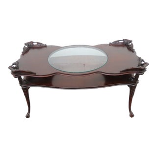 1940s Mahogany Hand Carved Glass Top Coffee Table For Sale