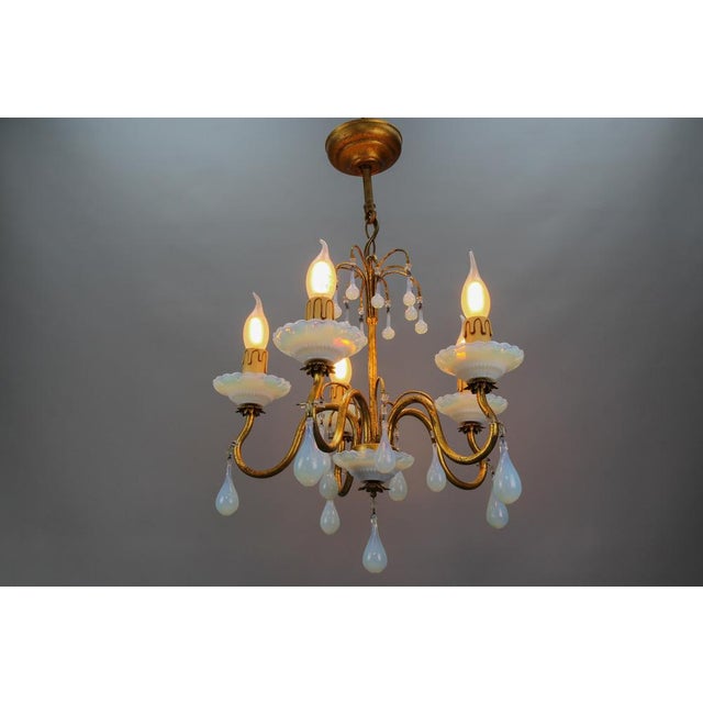 1970s Italian Florentine Gilt Metal and White Opalescent Glass Five-Light Chandelier, 1970s For Sale - Image 5 of 18