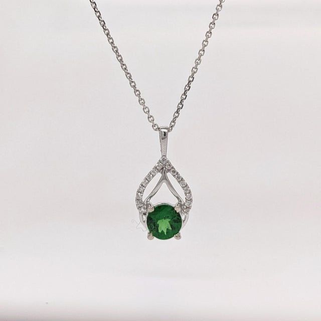 Metal Tsavorite Pendant with Natural Diamonds in Solid 14K White Gold Round 5.5mm For Sale - Image 7 of 8