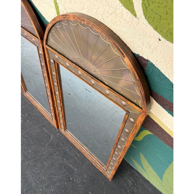 Sarreid Rustic Brass & Wood Arched Mirror Pair For Sale - Image 10 of 11