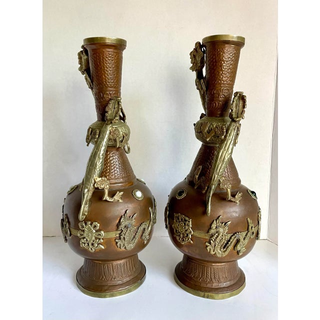 Pair of Antique Asian Tibetan Copper Brass Dragon Vases For Sale In Los Angeles - Image 6 of 12