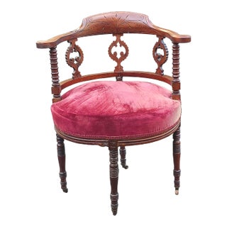 Early 20th C. Victorian Mahogany and Upholstered Corner Barel Chair For Sale