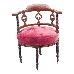 Early 20th C. Victorian Mahogany and Upholstered Corner Barel Chair