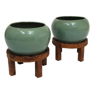 Pair of Vintage Mint Green Ceramic Planters on Wrapped Wood Stands For Sale