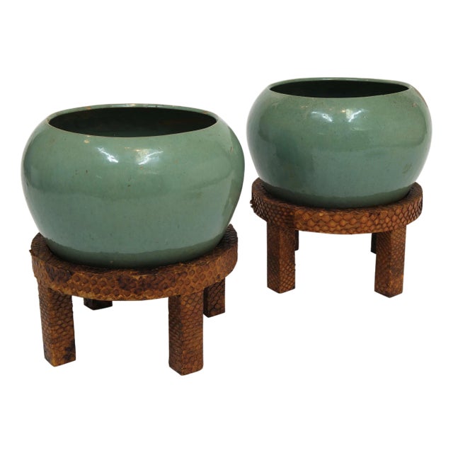 Pair of Vintage Mint Green Ceramic Planters on Wrapped Wood Stands For Sale