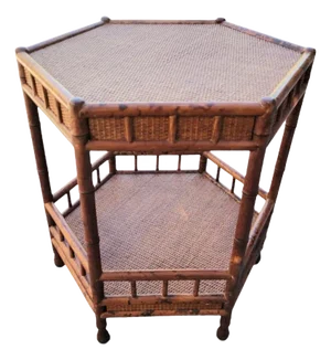 Vintage British Colonial Tiered Hexagon Burnt Bamboo Chippendale Side Table