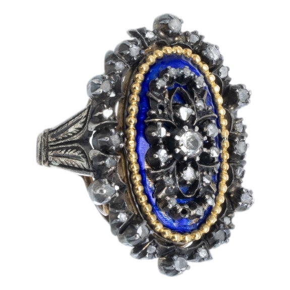 Silver and Gold Ring with Enamel and Diamonds, 19th Century For Sale