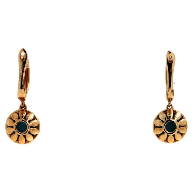 Early 21st Century Blue Turquoise Round Cabochon Yellow Gold Huggie Drop Statement Dainty Earrings, A Pair For Sale - Image 5 of 10