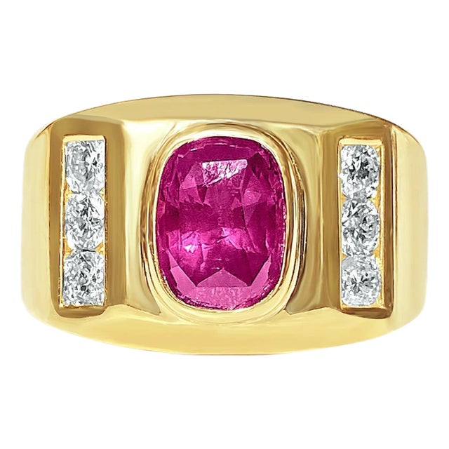 2.70 Carat Cushion Cut Ruby Bezel Set Mens Ring in 14k Yellow Gold For Sale