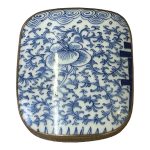 Chinese Old White Base Blue Scroll Leaf Graphic Porcelain Art Pewter Box