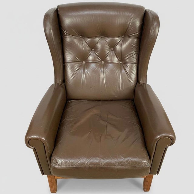 Wood Nordic Wingback Chairs in Brown Leather, 1970, Set of 2 For Sale - Image 7 of 10