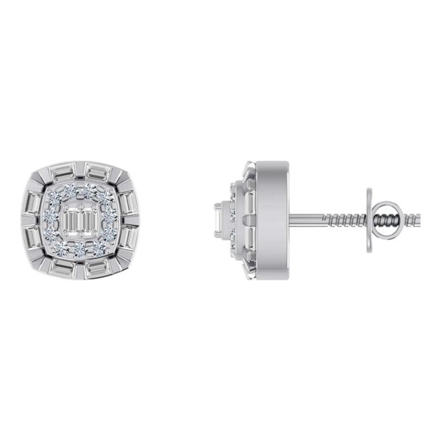 10K White Gold Round Baguette Diamond Square Designer Earring 1/4 Cttw, A Pair For Sale