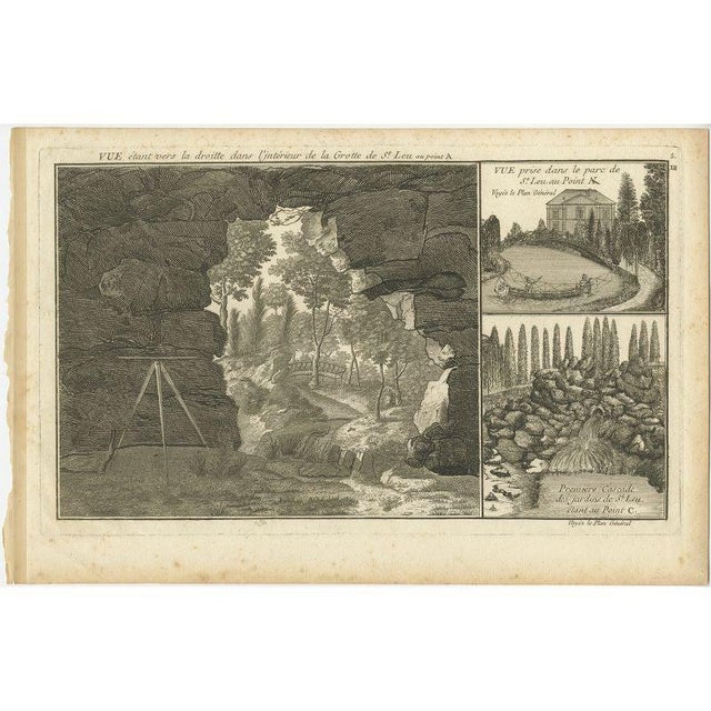 Antique print titled 'Vue étant vers la droitte dans l'intérieur de la Grotte de St. Leu'. Copper engraving showing the...