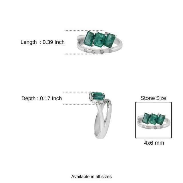 925 Silver Three-Stone Emerald Ring With Diamond Accents, Size 6 For Sale - Image 10 of 12