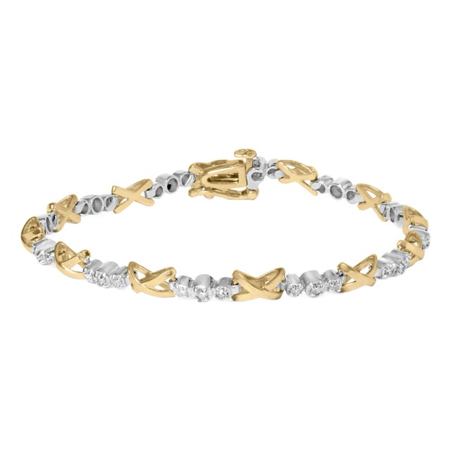 10K Two-Tone Gold 1/2 Cttw Diamond Alternating 3 Stone and X-Link 7" Bracelet (I-J Color, I2-I3 Clar For Sale