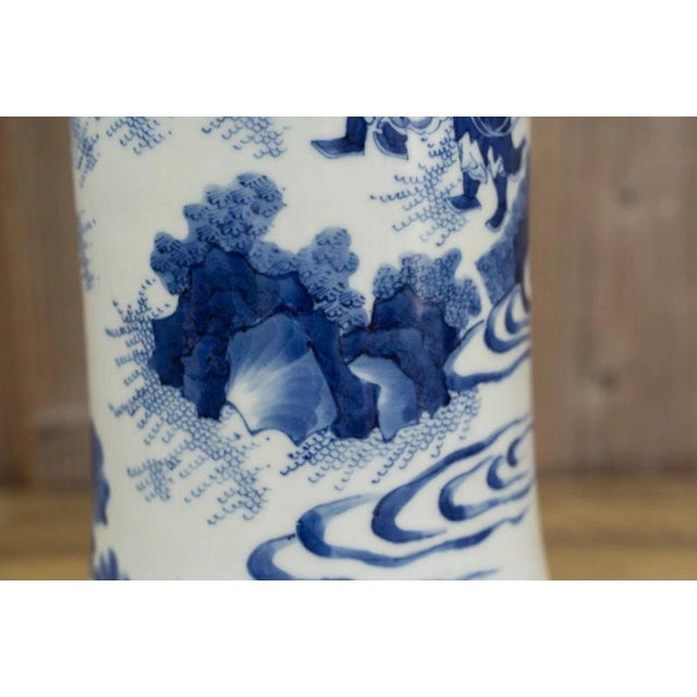Chinese Blue and White Porcelain Sleeve Vase with Warriors and Military Procession For Sale - Image 17 of 18