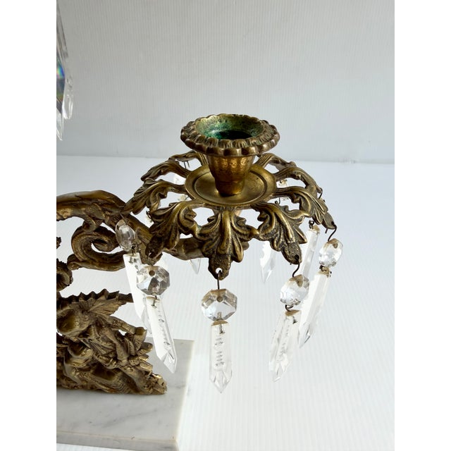 Metal Antique Brass Victorian Couple 3 Arm Girandole Candlestick With Marble Base & Prisms For Sale - Image 7 of 17