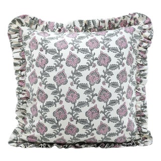 Block Print Ruffle Throw Pillow Decorative Ruffle Accent Cushion for Home Décor and Styling 20x20 Inch- Madubala For Sale