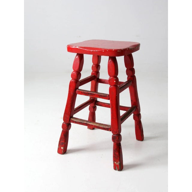 Vintage Red Wooden Stool | Chairish