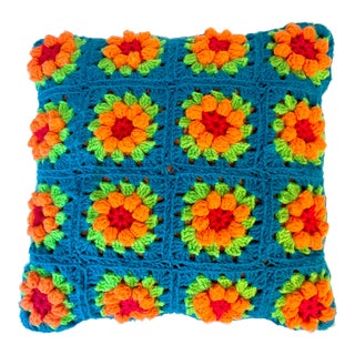 Mid-Century Boho Chic Americana Folk Art Crochet Decorative Pillow. For Sale