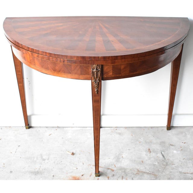 Antique French Louis XVI-Style Marquetry & Ormolu Flip-Top Demilune Card Table For Sale - Image 13 of 13