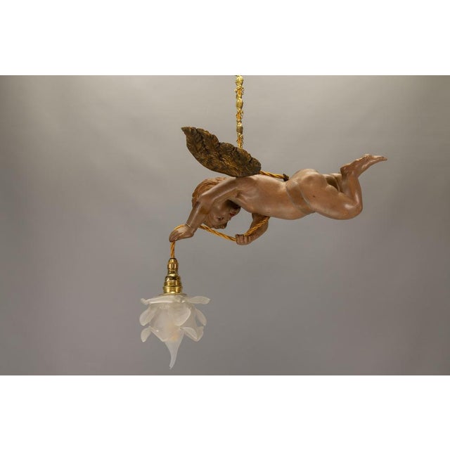 French Art Nouveau Cherub Pendant Light in Carved Wood & Frosted Glass, 1920 For Sale - Image 15 of 18